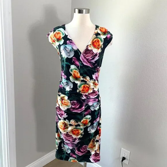 Artelier Nicole Miller Womens 10 Knit Floral Ruched Cap Sleeve Bodycon Dress - Picture 1 of 9